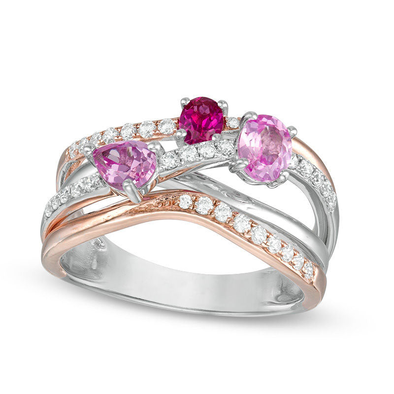 Image of ID 1 Oval Lab-Created Ruby Pink and White Sapphire Layered Multi-Row Ring in Sterling Silver and Rose Rhodium