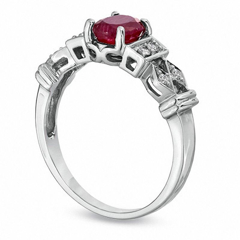 Image of ID 1 Oval Lab-Created Ruby and 010 CT TW Diamond Ring in Sterling Silver