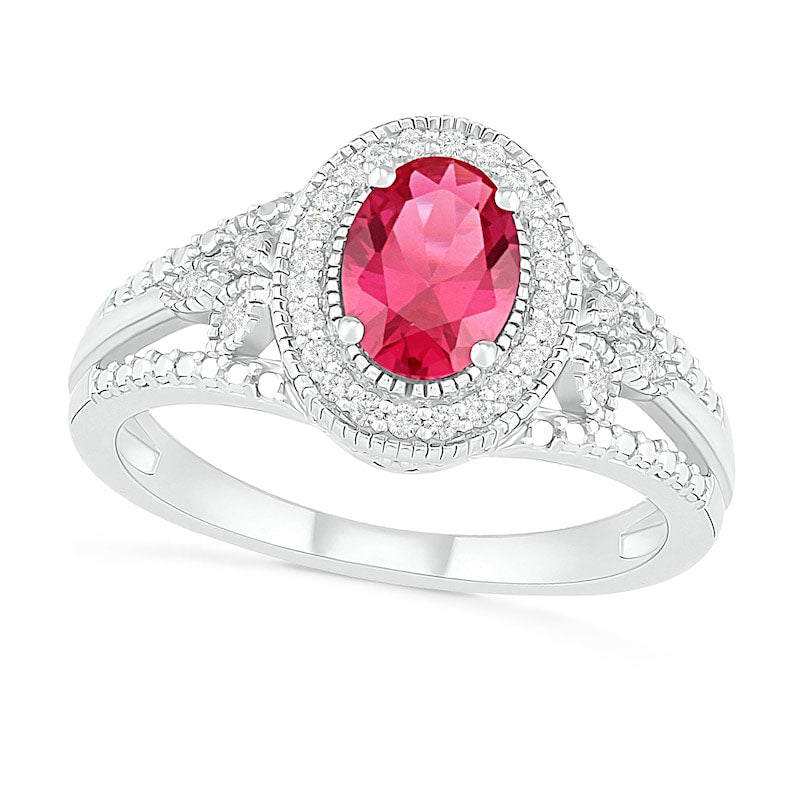 Image of ID 1 Oval Lab-Created Ruby and 013 CT TW Diamond Frame Leaf-Sides Split Shank Antique Vintage-Style Ring in Sterling Silver