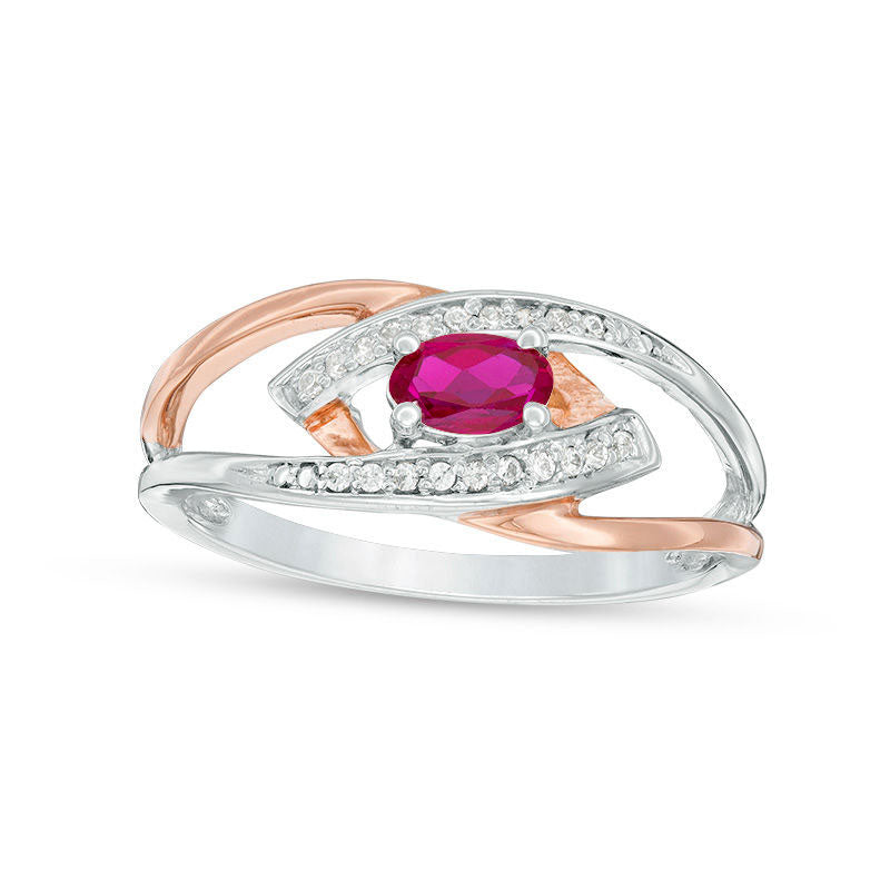 Image of ID 1 Oval Lab-Created Ruby and Diamond Accent Split Shank Ring in Sterling Silver and Solid 10K Rose Gold