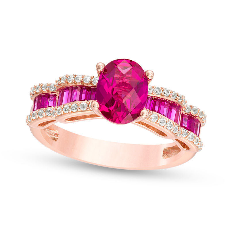 Image of ID 1 Oval Lab-Created Ruby and White Sapphire Bow Shank Ring in Sterling Silver with Solid 14K Rose Gold Plate
