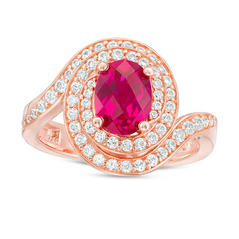 Image of ID 1 Oval Lab-Created Ruby and White Sapphire Bypass Frame Ring in Sterling Silver with Solid 14K Rose Gold Plate