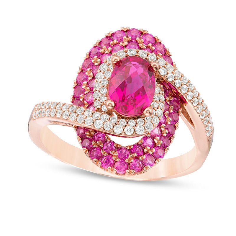Image of ID 1 Oval Lab-Created Ruby and White Sapphire Bypass Swirl Frame Ring in Sterling Silver with Solid 14K Rose Gold Plate