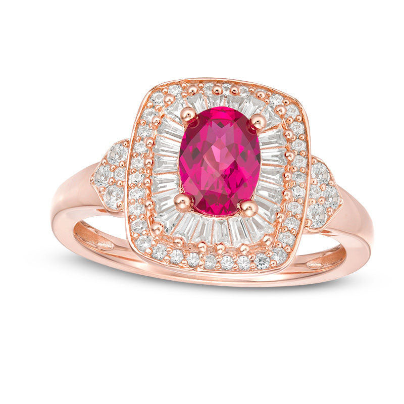Image of ID 1 Oval Lab-Created Ruby and White Sapphire Cushion Frame Ring in Sterling Silver with Solid 14K Rose Gold Plate