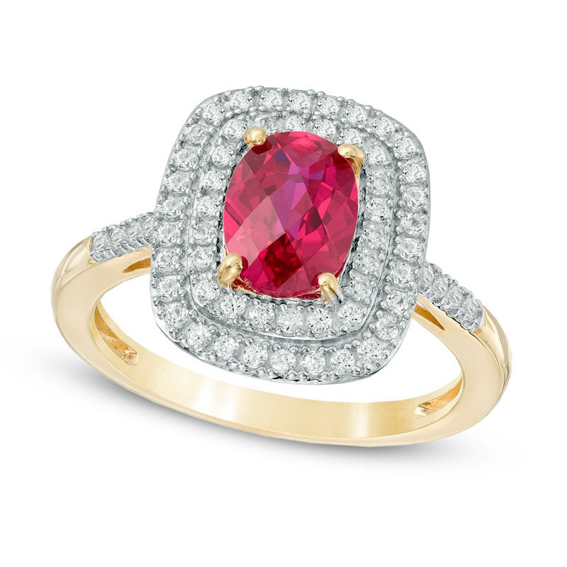 Image of ID 1 Oval Lab-Created Ruby and White Sapphire Double Frame Engagement Ring in Sterling Silver with Solid 14K Gold Plate