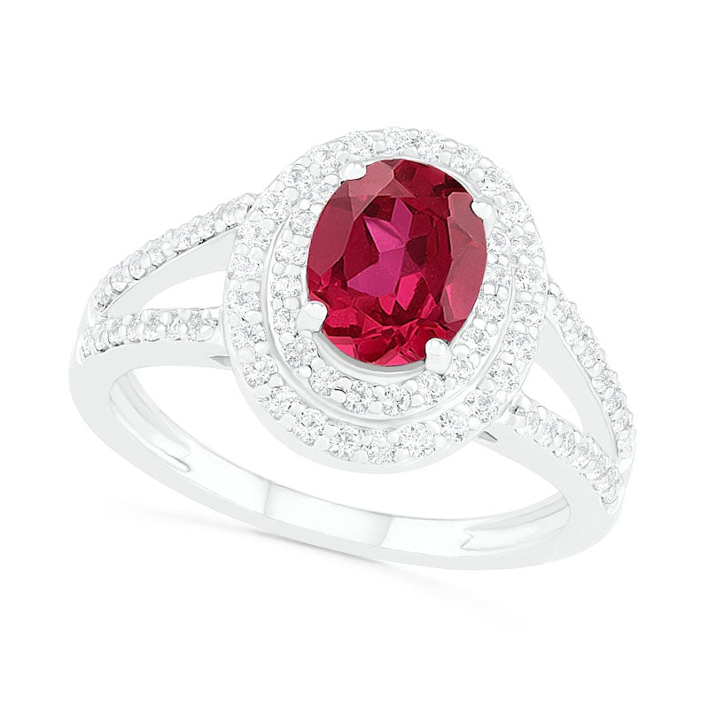 Image of ID 1 Oval Lab-Created Ruby and White Sapphire Double Frame Split Shank Ring in Sterling Silver