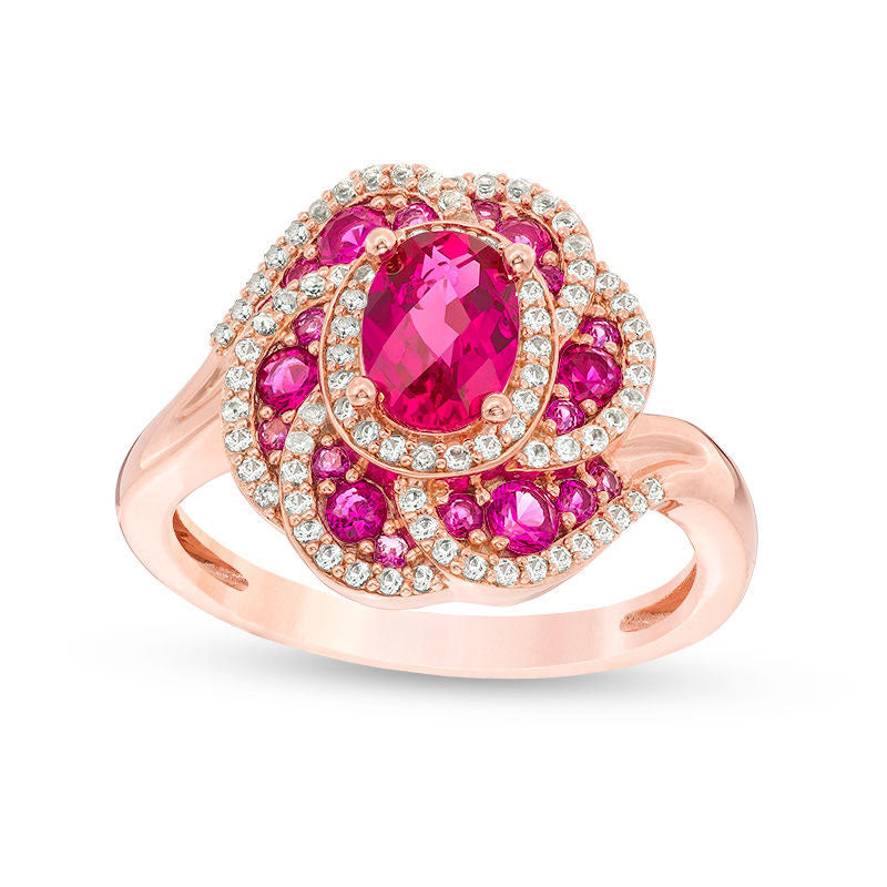 Image of ID 1 Oval Lab-Created Ruby and White Sapphire Flower Frame Ring in Sterling Silver with Solid 14K Rose Gold Plate