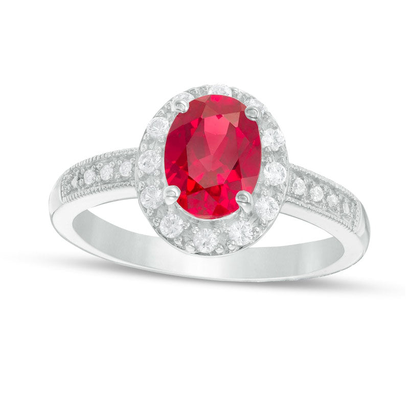 Image of ID 1 Oval Lab-Created Ruby and White Sapphire Frame Antique Vintage-Style Ring in Sterling Silver