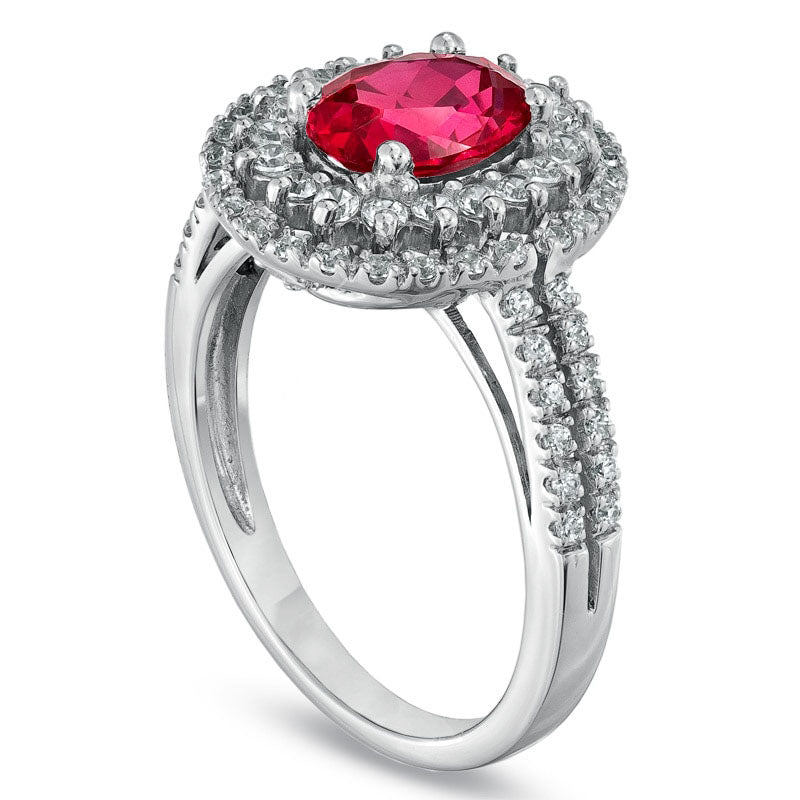 Image of ID 1 Oval Lab-Created Ruby and White Sapphire Frame Ring in Sterling Silver