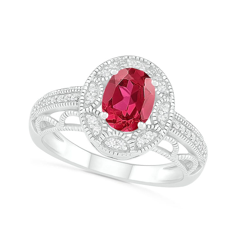 Image of ID 1 Oval Lab-Created Ruby and White Sapphire Frame Scallop Border Shank Antique Vintage-Style Ring in Sterling Silver