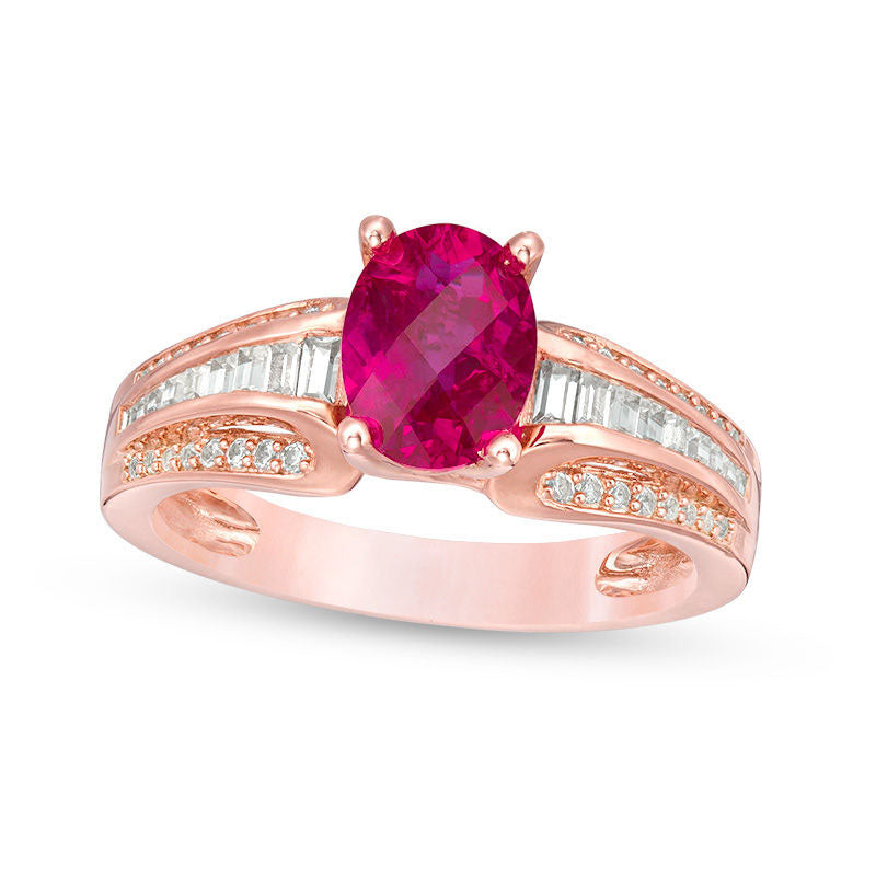 Image of ID 1 Oval Lab-Created Ruby and White Sapphire Multi-Row Ring in Sterling Silver with Solid 14K Rose Gold Plate