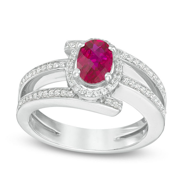 Image of ID 1 Oval Lab-Created Ruby and White Sapphire Split Shank Wrap Ring in Sterling Silver