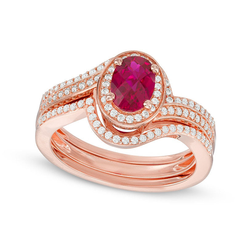 Image of ID 1 Oval Lab-Created Ruby and White Sapphire Swirl Frame Bridal Engagement Ring Set in Sterling Silver and Solid 14K Rose Gold Plate