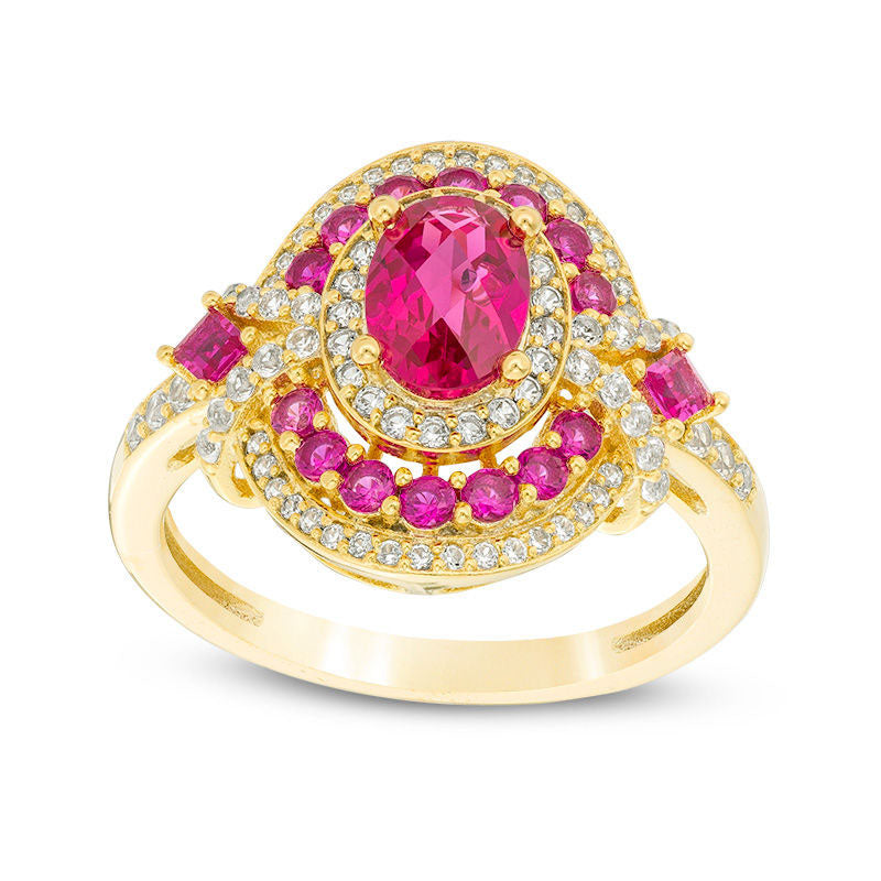 Image of ID 1 Oval Lab-Created Ruby and White Sapphire Triple Frame V-Sides Ring in Sterling Silver with Solid 14K Gold Plate