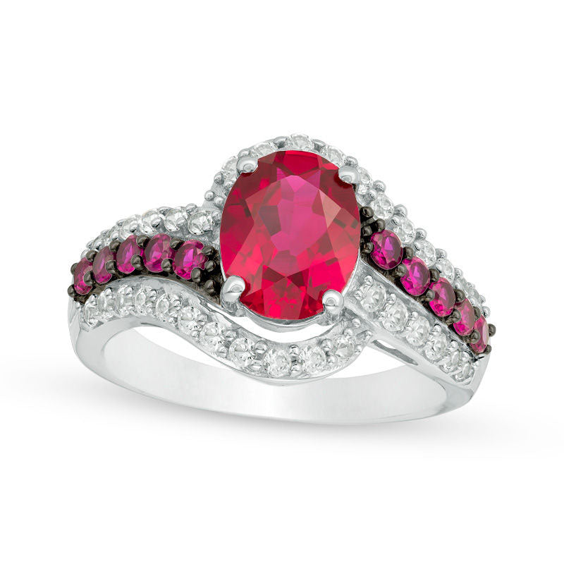 Image of ID 1 Oval Lab-Created Ruby and White Sapphire Triple Row Bypass Ring in Sterling Silver