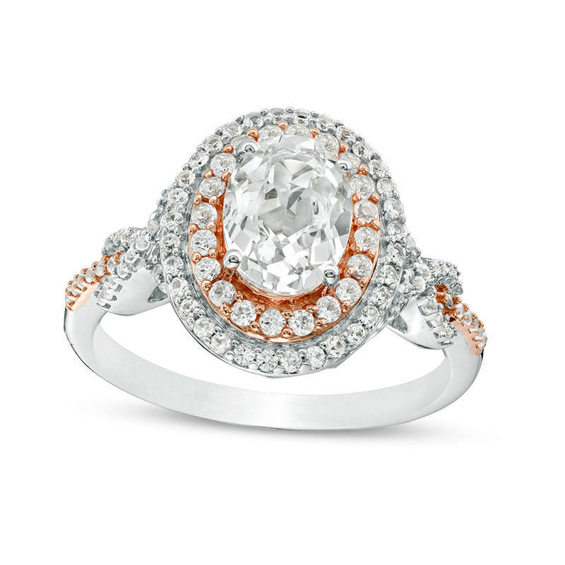 Image of ID 1 Oval Lab-Created White Sapphire Double Frame Twist Ring in Sterling Silver with Solid 14K Rose Gold Plate