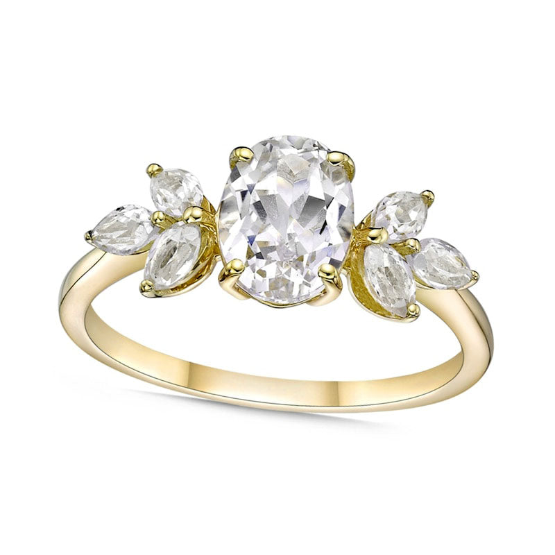 Image of ID 1 Oval Lab-Created White Sapphire Leaf Accent Tri-Sides Ring in Solid 10K Yellow Gold