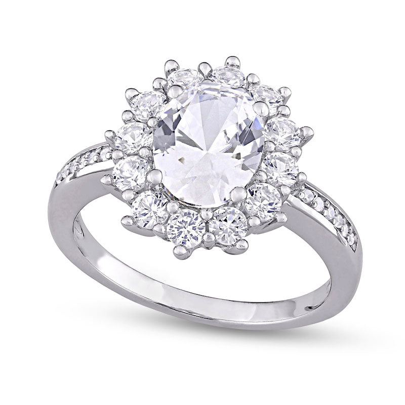 Image of ID 1 Oval Lab-Created White Sapphire and 005 CT TW Diamond Starburst Frame Ring in Sterling Silver