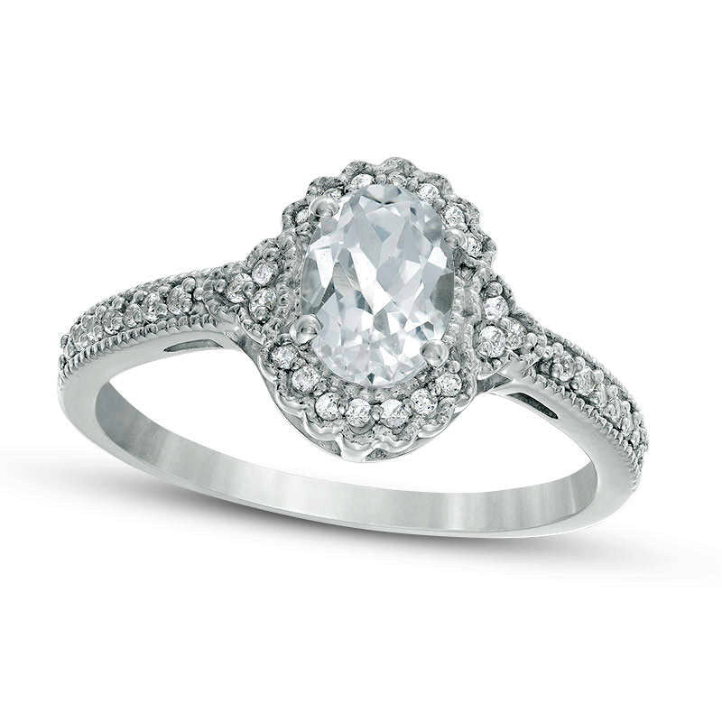 Image of ID 1 Oval Lab-Created White Sapphire and 013 CT TW Diamond Frame Antique Vintage-Style Ring in Solid 10K White Gold