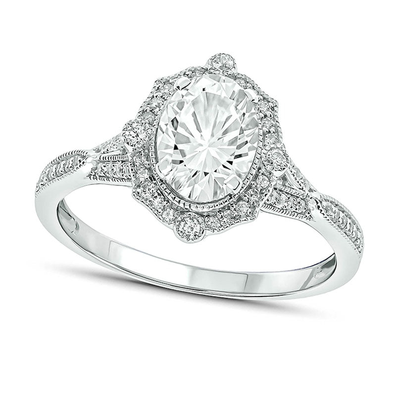 Image of ID 1 Oval Lab-Created White Sapphire and 020 CT TW Diamond Ornate Frame Split Shank Antique Vintage-Style Ring in Solid 10K White Gold