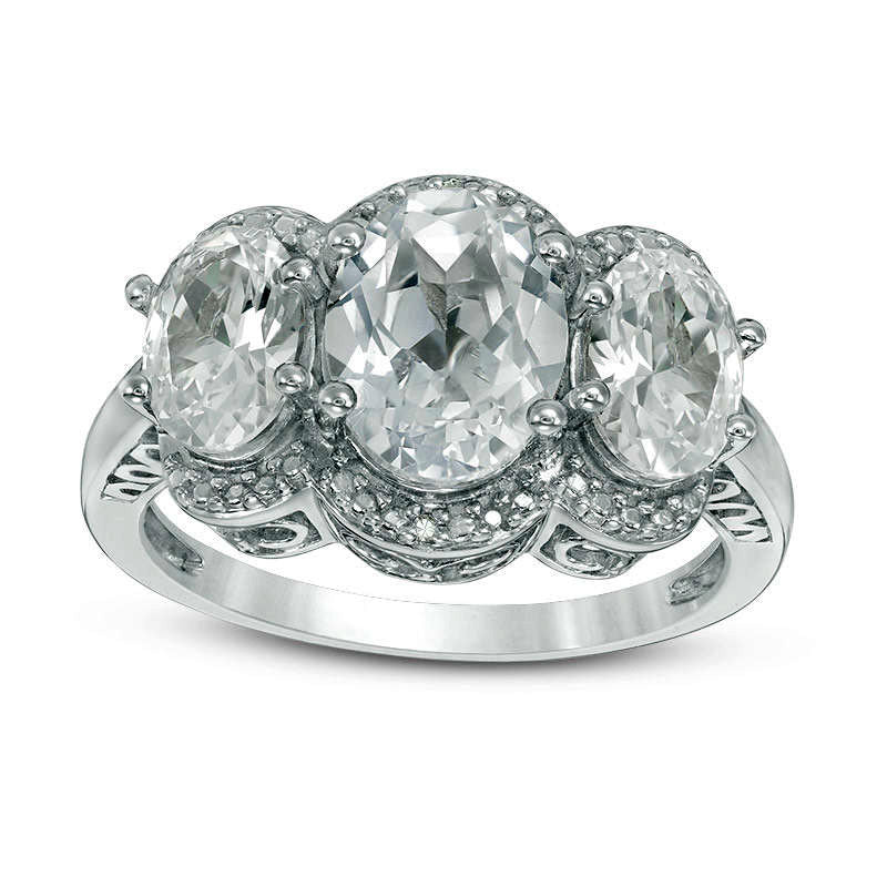 Image of ID 1 Oval Lab-Created White Sapphire and Diamond Accent Three Stone Frame Ring in Sterling Silver