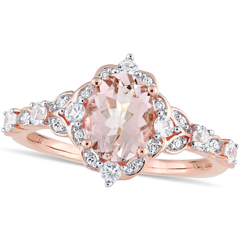 Image of ID 1 Oval Morganite White Sapphire and 005 CT TW Natural Diamond Frame Ring in Solid 10K Rose Gold