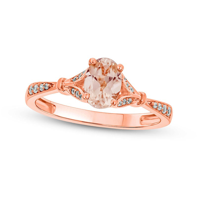 Image of ID 1 Oval Morganite and 007 CT TW Natural Diamond Collar Wrapped Leaf-Sides Split Shank Engagement Ring in Solid 10K Rose Gold