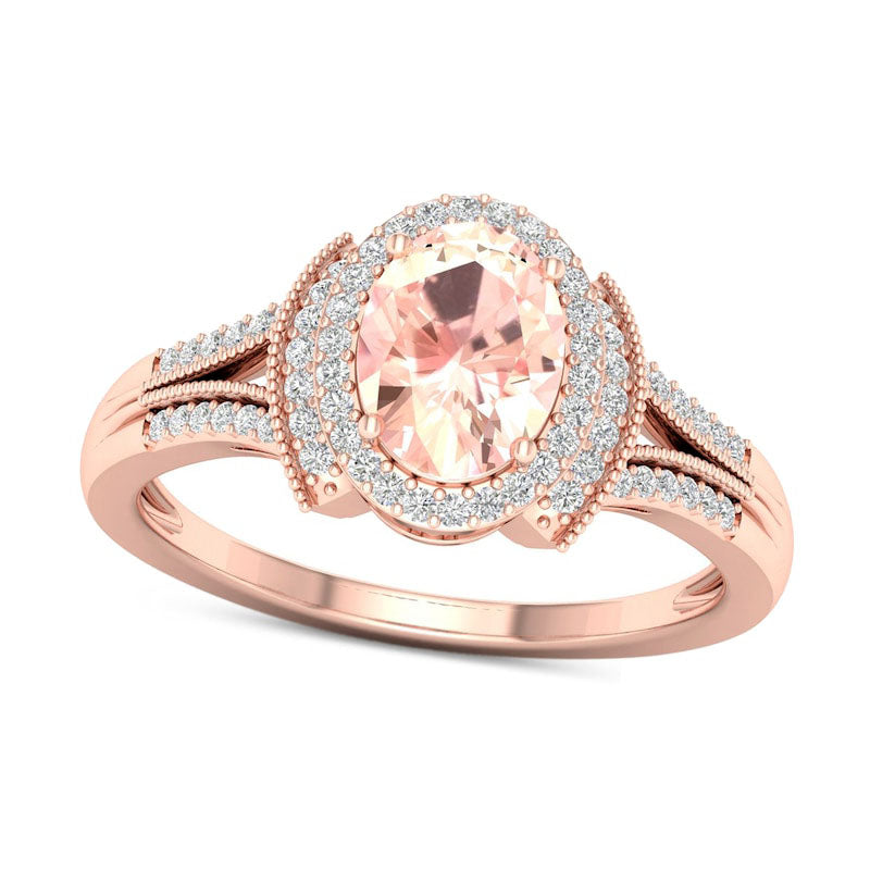 Image of ID 1 Oval Morganite and 020 CT TW Natural Diamond Frame Collar Split Shank Antique Vintage-Style Ring in Solid 10K Rose Gold