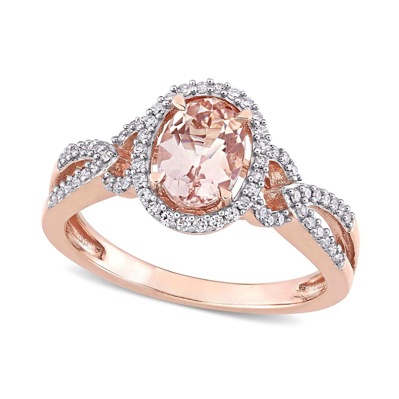 Image of ID 1 Oval Morganite and 020 CT TW Natural Diamond Frame Pointed Split Shank Buckle Ring in Solid 14K Rose Gold