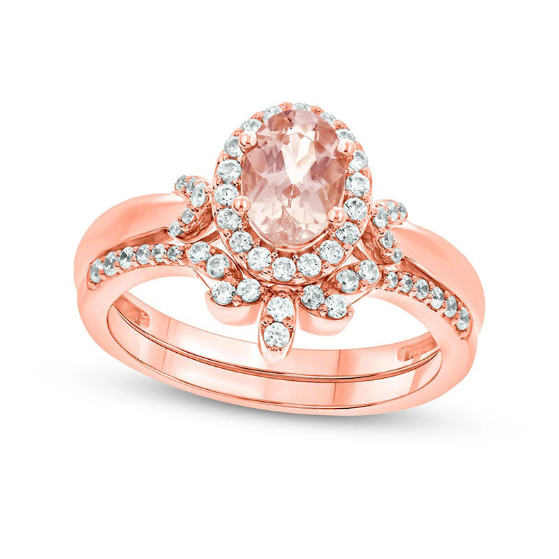 Image of ID 1 Oval Morganite and 033 CT TW Natural Diamond Frame and Collar Crown Bridal Engagement Ring Set in Solid 10K Rose Gold