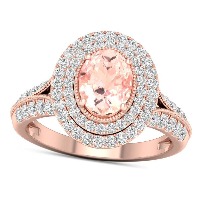Image of ID 1 Oval Morganite and 063 CT TW Natural Diamond Double Frame Split Shank Ring in Solid 10K Rose Gold