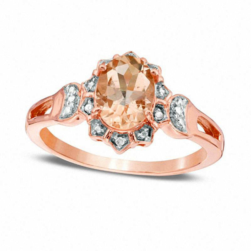 Image of ID 1 Oval Morganite and Natural Diamond Accent Beaded Sunburst Frame Ring in Solid 10K Rose Gold