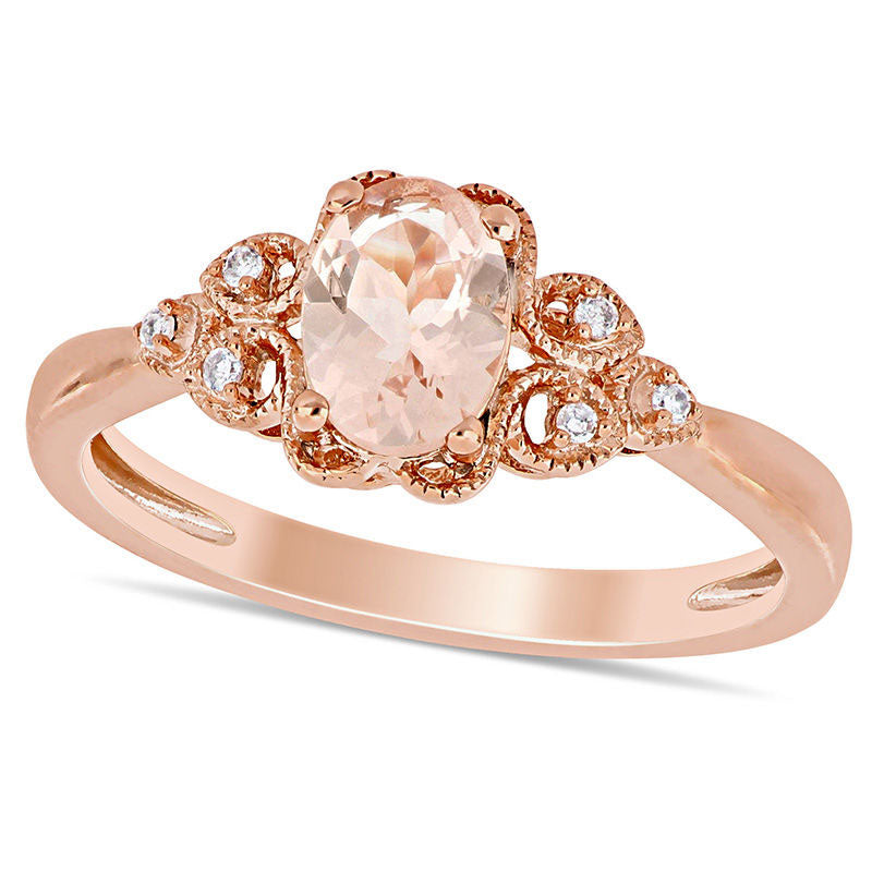 Image of ID 1 Oval Morganite and Natural Diamond Accent Tri-Sides Antique Vintage-Style Ring in Solid 10K Rose Gold