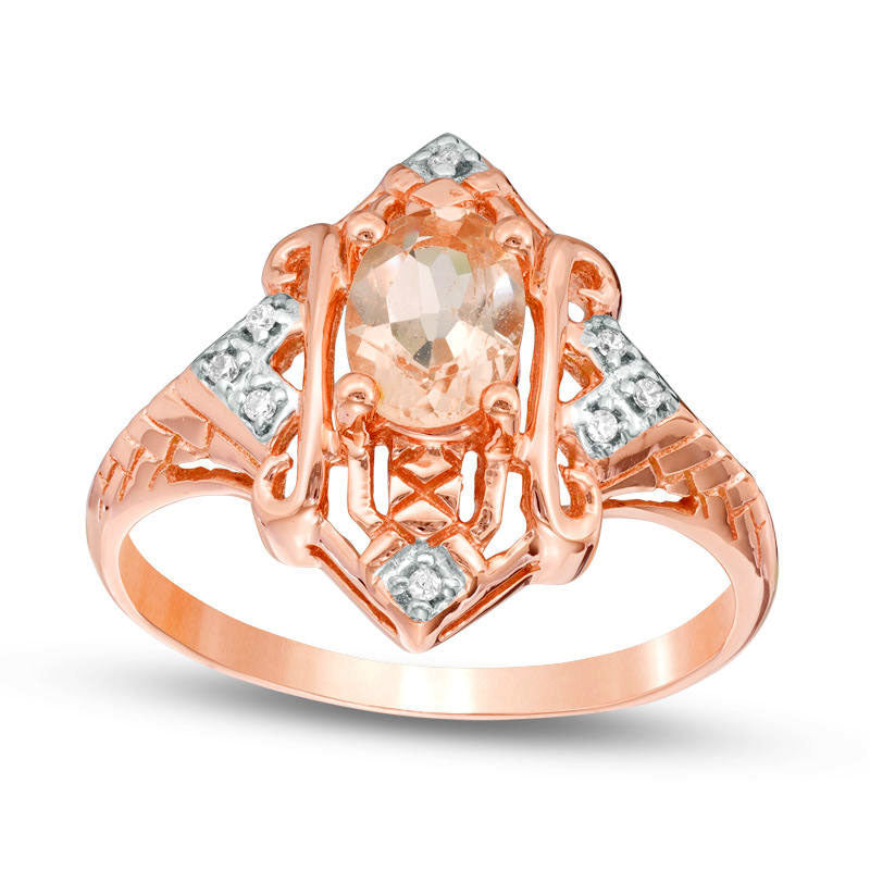 Image of ID 1 Oval Morganite and White Sapphire Art Deco Frame Ring in Solid 10K Rose Gold