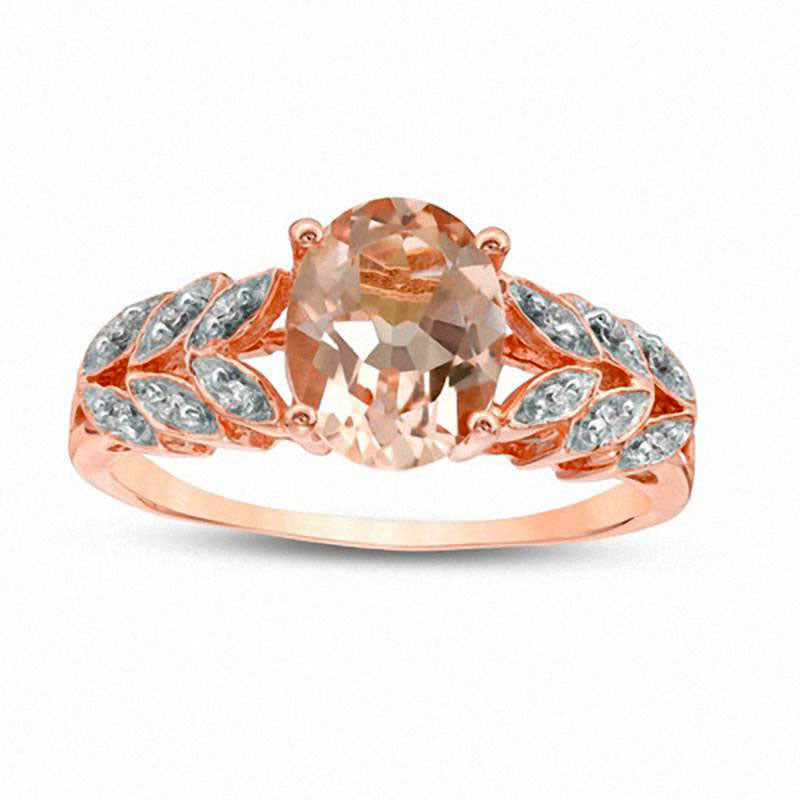 Image of ID 1 Oval Morganite and White Sapphire Leaf Split Shank Ring in Solid 10K Rose Gold