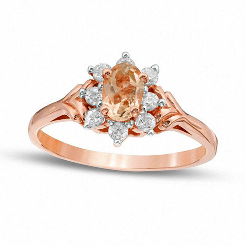 Image of ID 1 Oval Morganite and White Sapphire Sunburst Frame Ring in Solid 10K Rose Gold