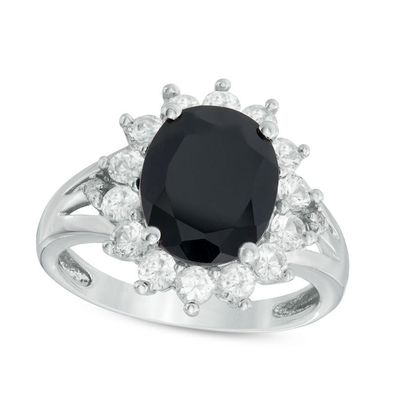 Image of ID 1 Oval Onyx Lab-Created White Sapphire and Diamond Accent Sunburst Frame Split Shank Ring in Sterling Silver