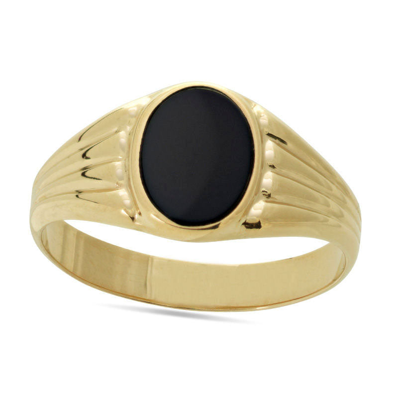 Image of ID 1 Oval Onyx Ribbed Shank Signet Ring in Solid 14K Gold - Size 7