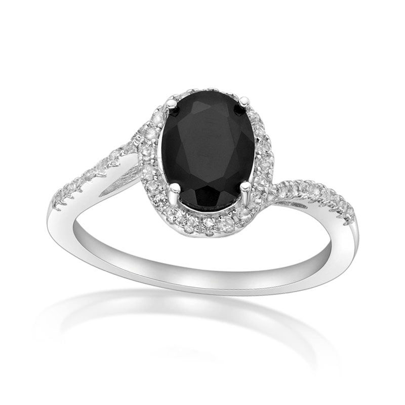 Image of ID 1 Oval Onyx and White Topaz Frame Bypass Ring in Sterling Silver