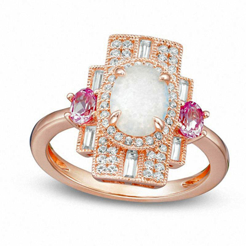 Image of ID 1 Oval Opal Pink Sapphire and 038 CT TW Natural Diamond Antique Vintage-Style Art Deco Ring in Solid 10K Rose Gold