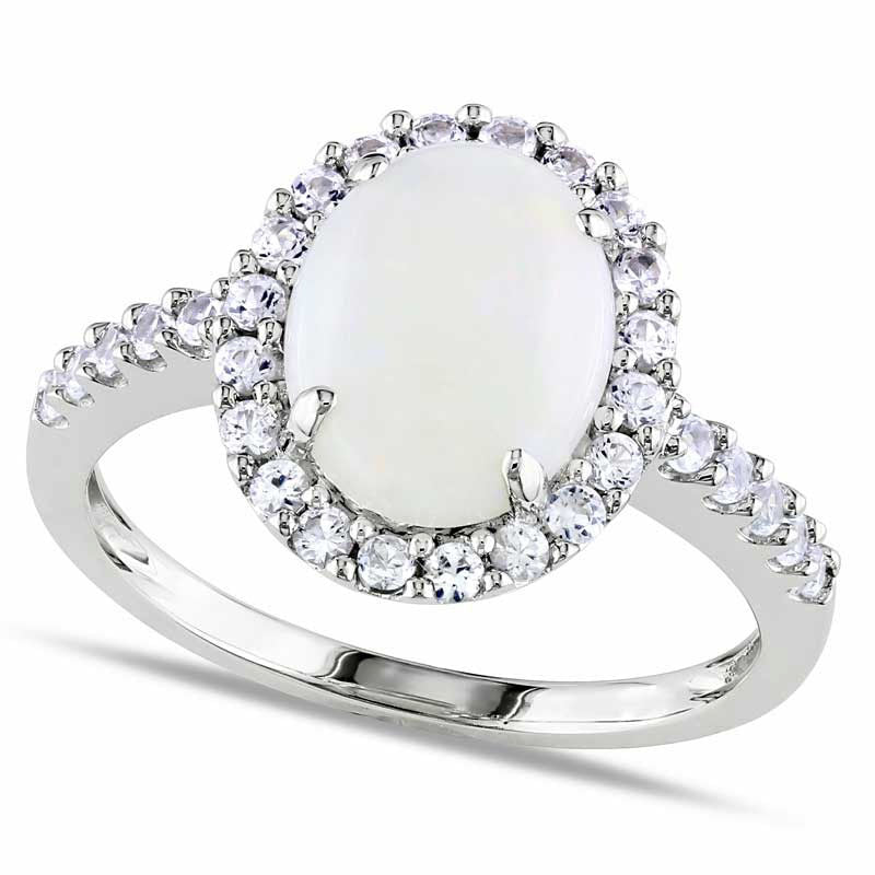 Image of ID 1 Oval Opal and Lab-Created White Sapphire Frame Ring in Solid 10K White Gold
