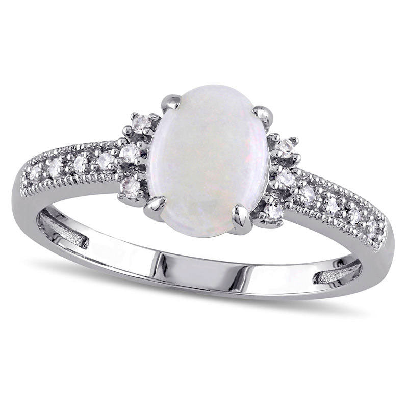 Image of ID 1 Oval Opal and Natural Diamond Accent Antique Vintage-Style Ring in Solid 10K White Gold