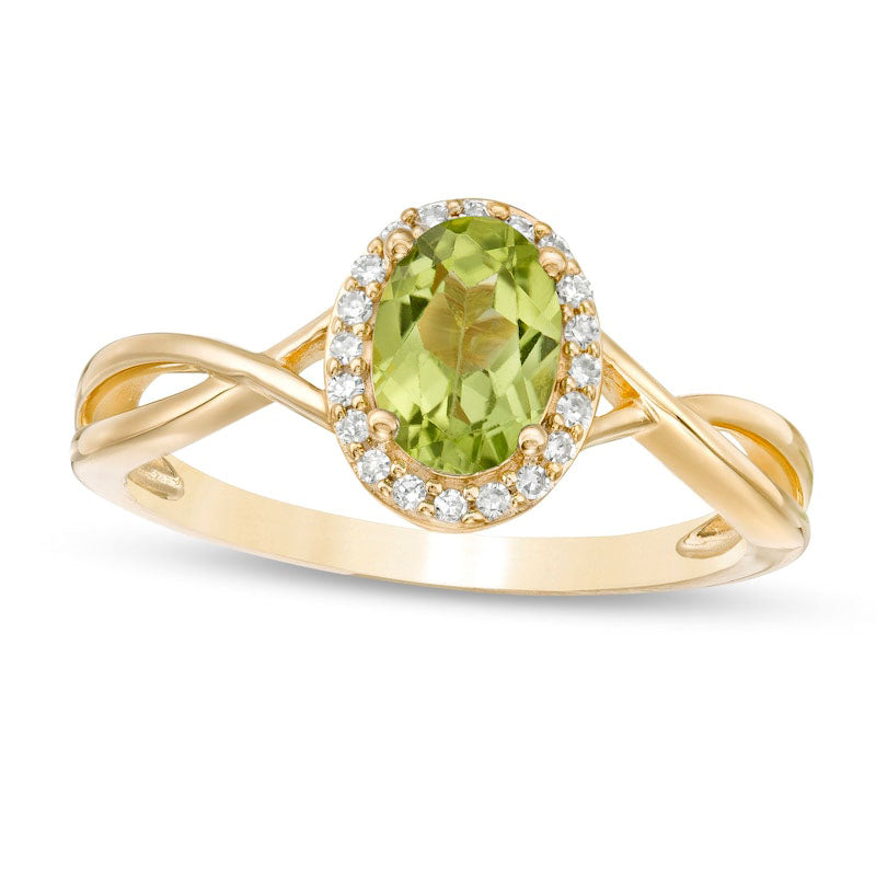 Image of ID 1 Oval Peridot and 007 CT TW Natural Diamond Frame Twist Shank Ring in Solid 10K Yellow Gold