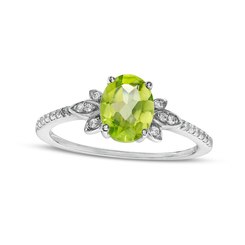 Image of ID 1 Oval Peridot and 010 CT TW Natural Diamond Leaf-Sides Floral Ring in Solid 10K White Gold