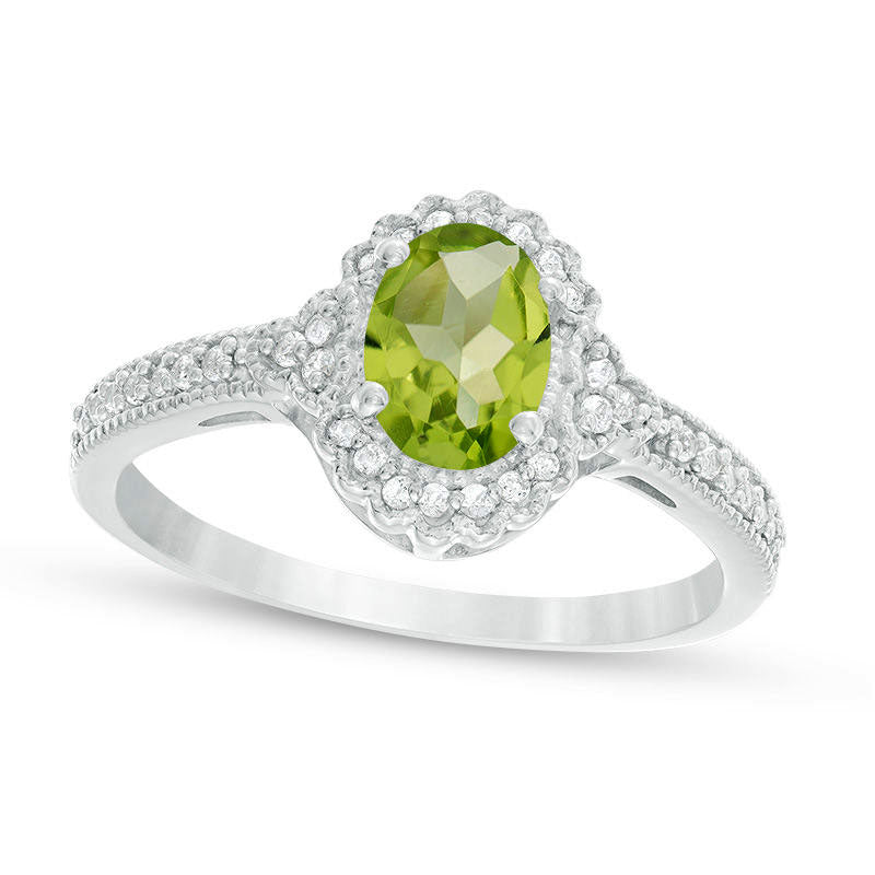 Image of ID 1 Oval Peridot and 013 CT TW Natural Diamond Frame Antique Vintage-Style Ring in Solid 10K White Gold