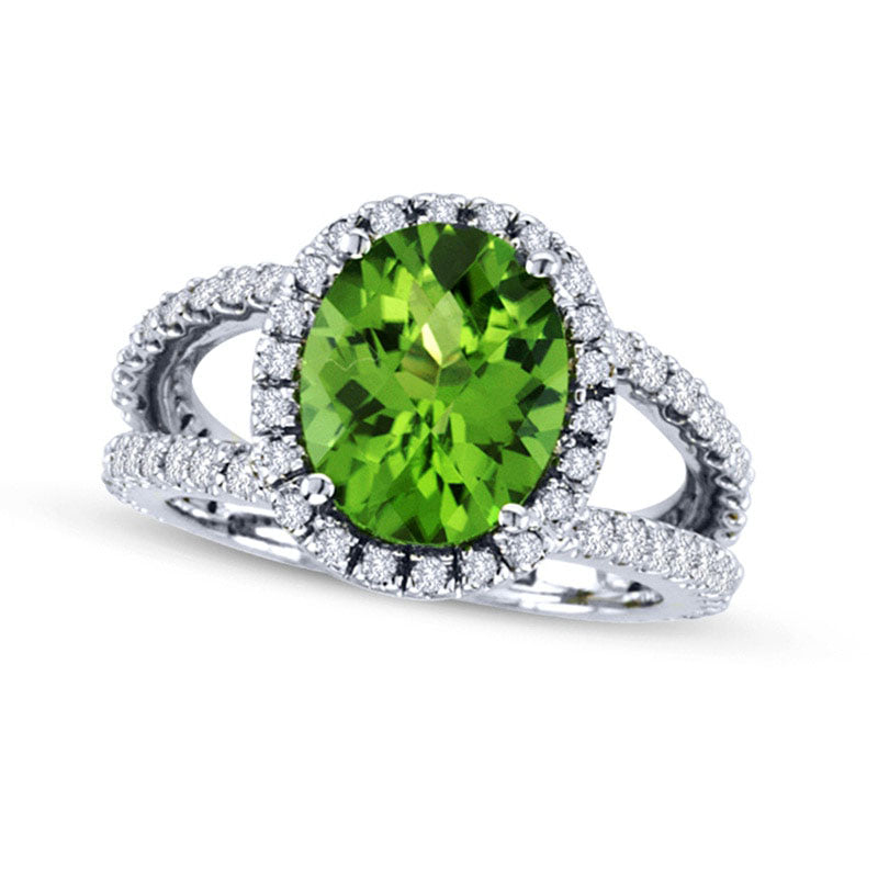 Image of ID 1 Oval Peridot and 088 CT TW Natural Diamond Ring in Solid 14K White Gold