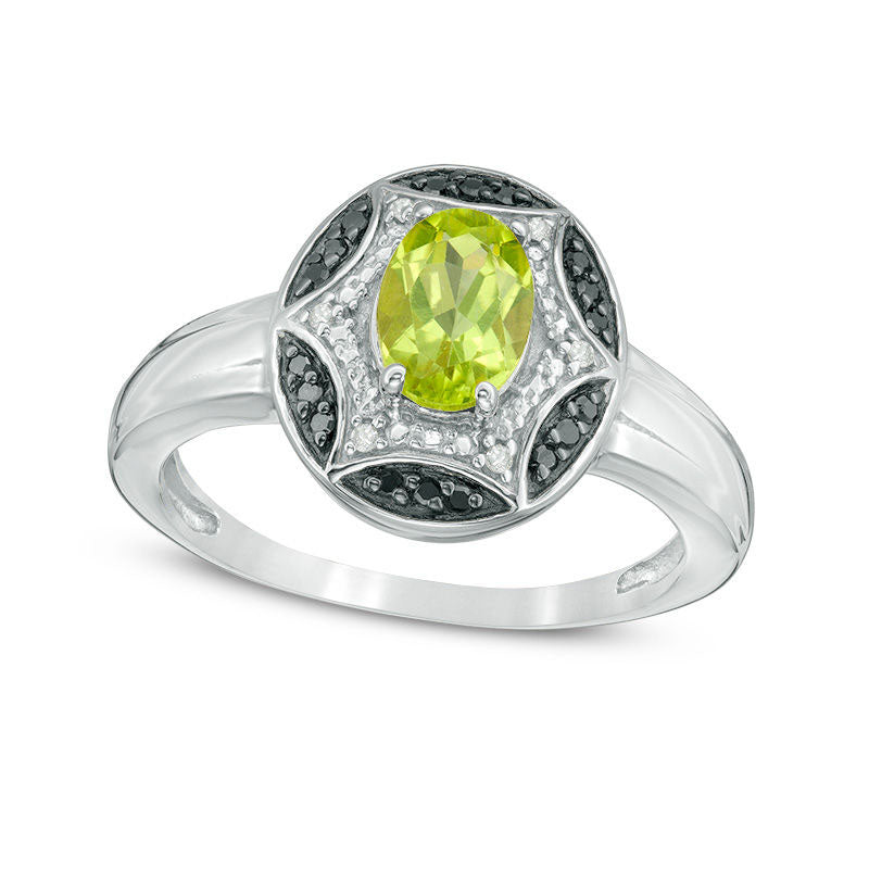 Image of ID 1 Oval Peridot and Enhanced Black and White Natural Diamond Accent Starburst Frame Ring in Sterling Silver and Black Rhodium