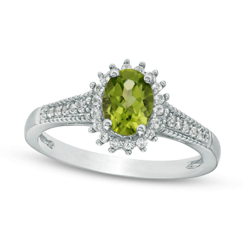 Image of ID 1 Oval Peridot and Lab-Created White Sapphire Starburst Frame Antique Vintage-Style Ring in Sterling Silver