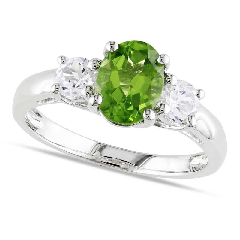 Image of ID 1 Oval Peridot and Lab-Created White Sapphire Three Stone Ring in Sterling Silver