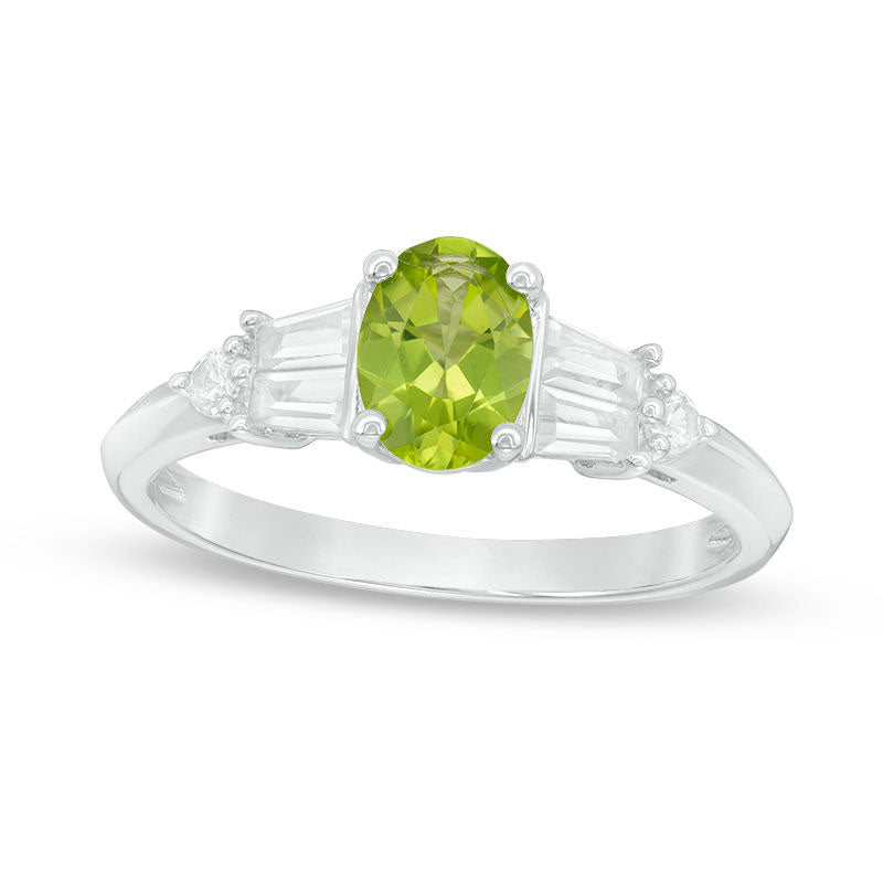 Image of ID 1 Oval Peridot and Lab-Created White Sapphire Tri-Sides Ring in Sterling Silver